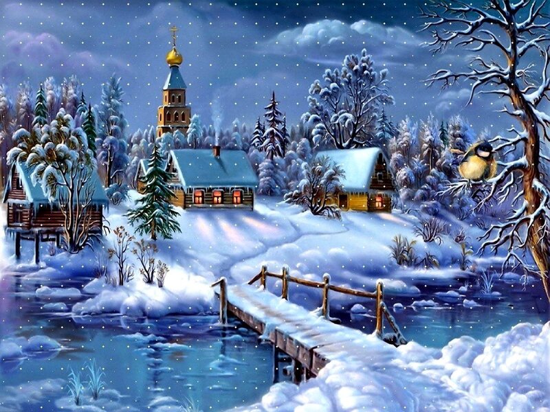 Village in Winter — Blue