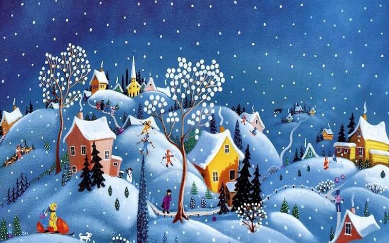 Village in Winter Landscape — Blue, Peaceful
