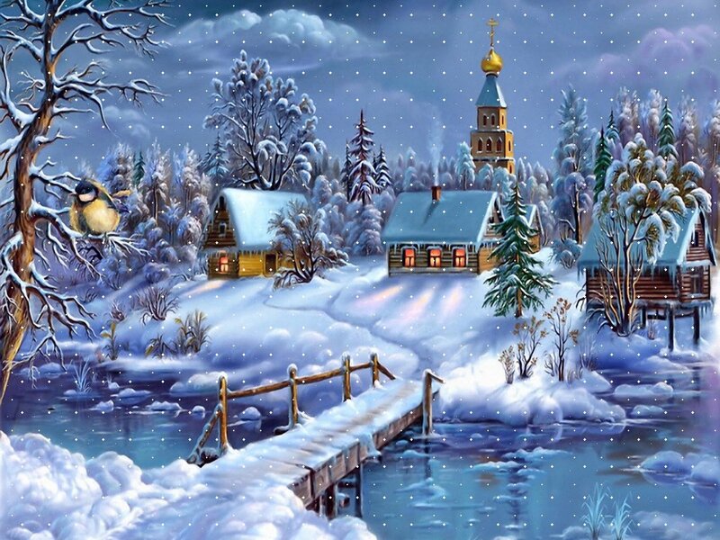 Village in Winter Landscape — Blue, Serene