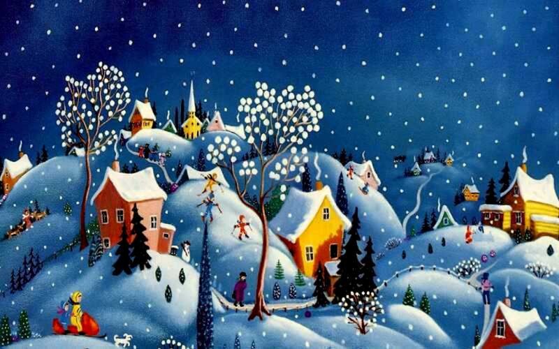 Village in Winter Landscape — Blue