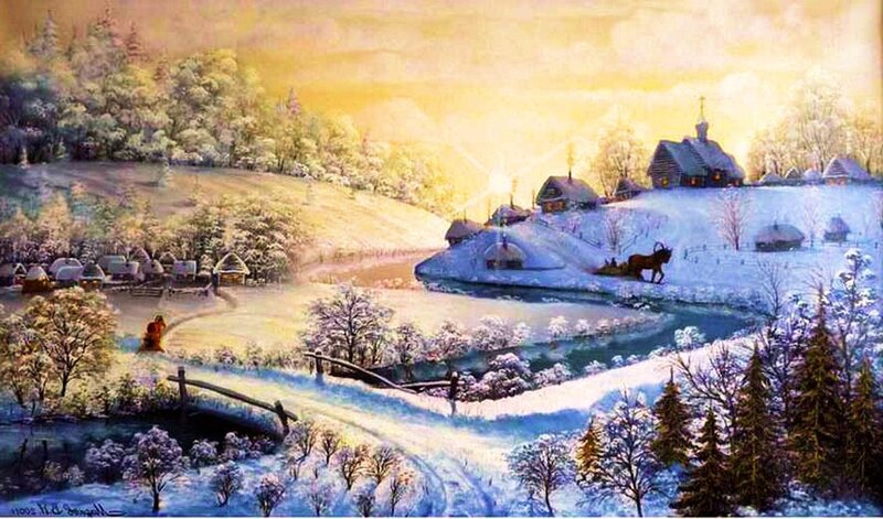 Village in Winter Landscape — White, Serene, Painting, River