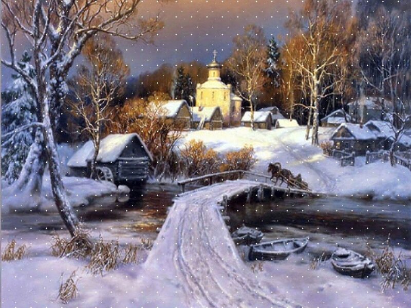 Village in Winter Landscape — White
