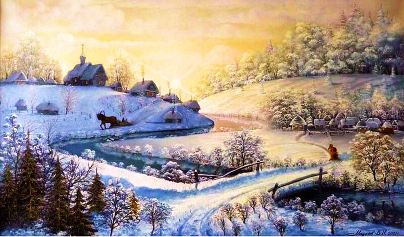Village in Winter Landscape — Yellow