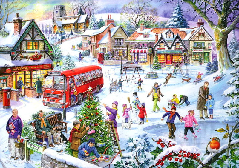Village in Winter — White, Festive, Illustration