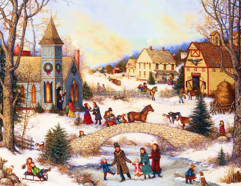 Village in Winter — White, Peaceful, Illustration, Church