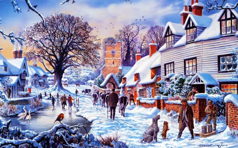 Village in Winter — White, Peaceful, Illustration