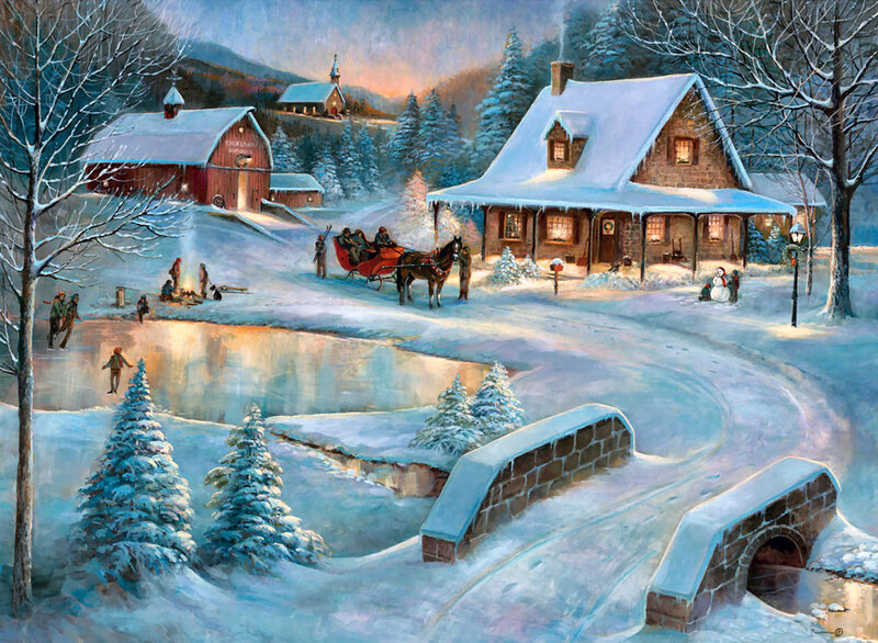 Village in Winter — White, Peaceful, Painting