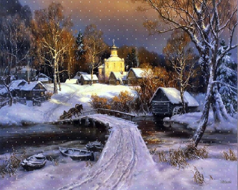 Village in Winter — White, Serene, Painting, Church
