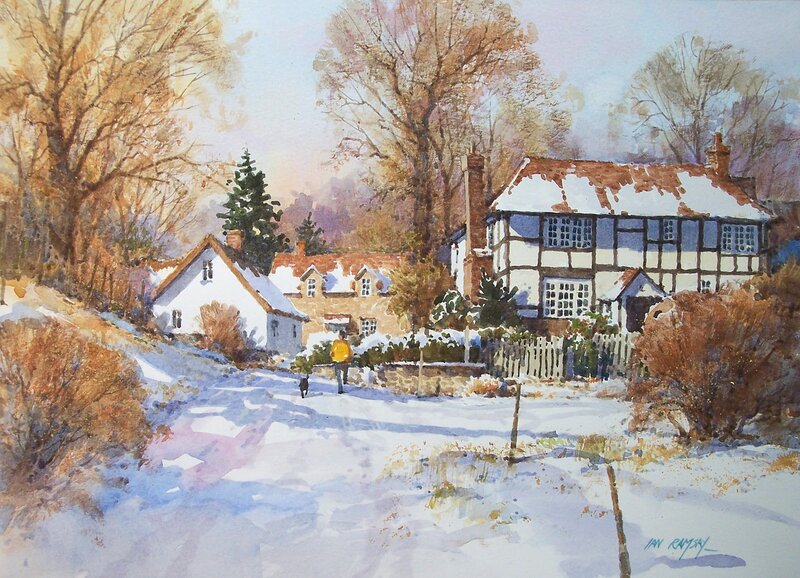 Village in Winter — White, Serene, Painting, Houses, Trees