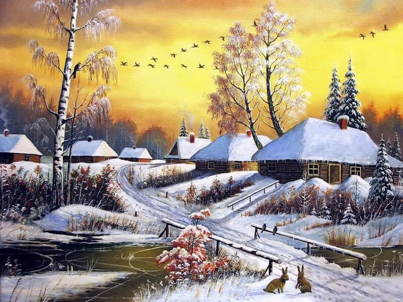 Village in Winter — Yellow, Serene