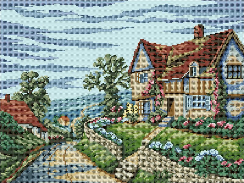 Village landscape cross-stitch