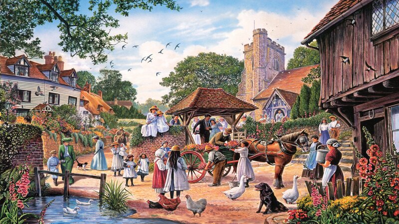 Village Market Scene — Green