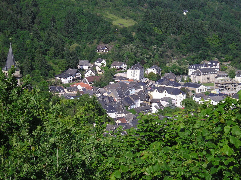 village nestled in a forested valley
