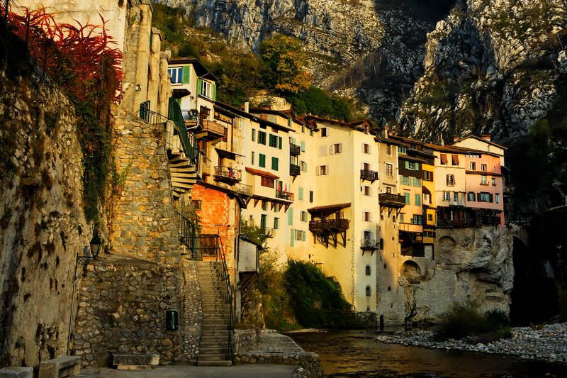 Village nestled in a mountain gorge