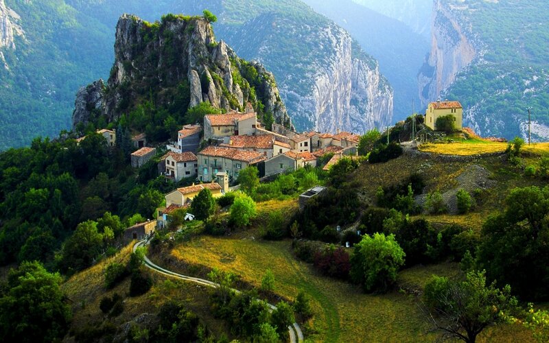 Village nestled in a mountain valley