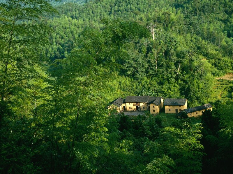village nestled in green hills