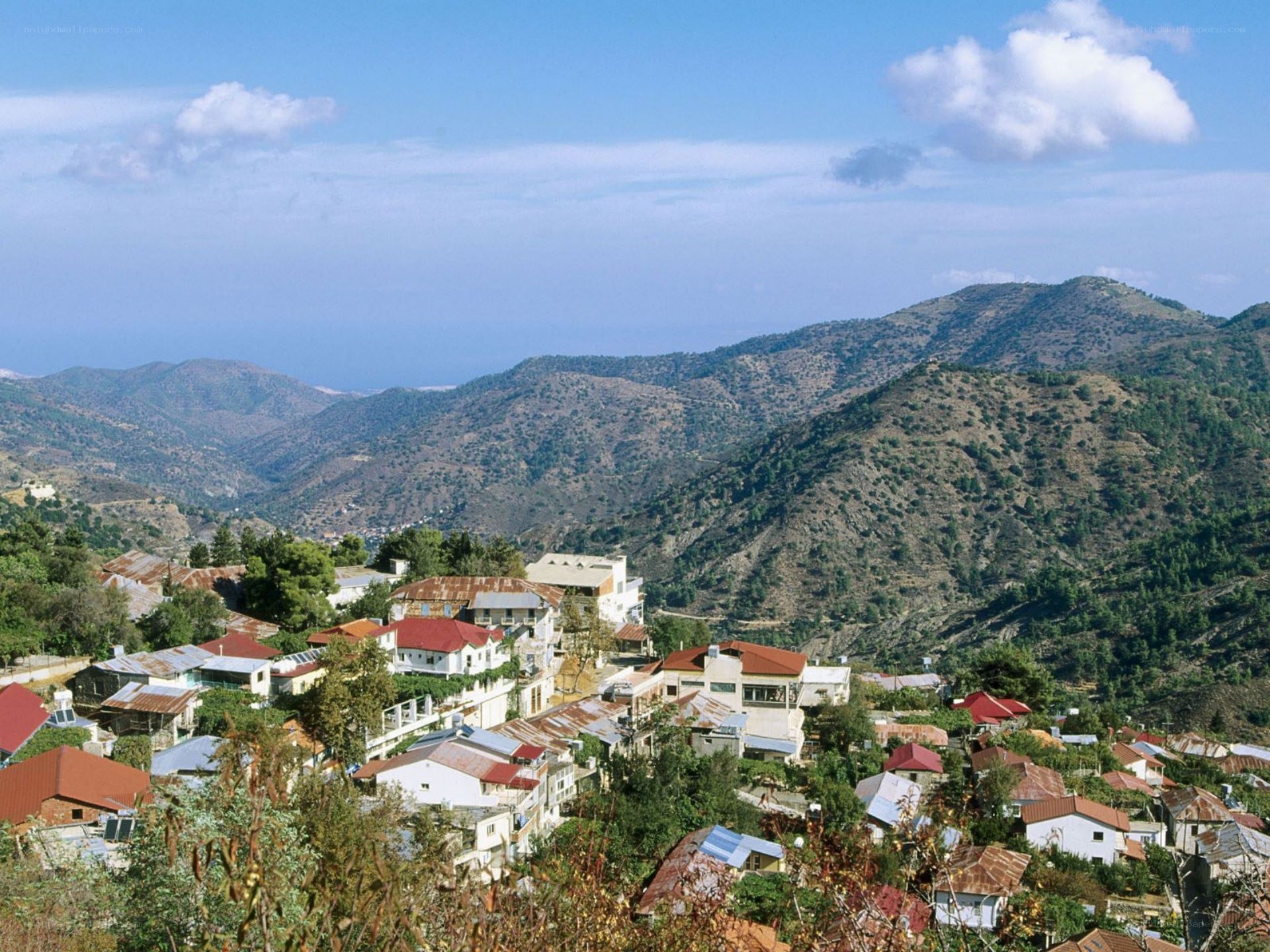 Village nestled in mountain valley