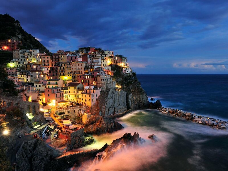 Village on a cliff at dusk