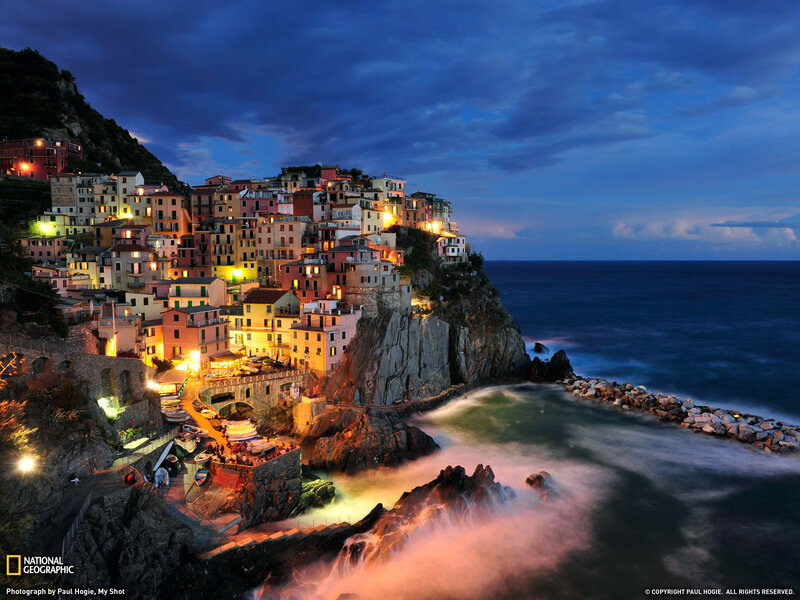 Village on a cliff at dusk