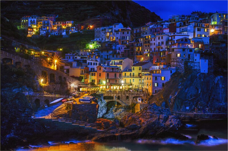Village on a Cliff — Blue, Dramatic, Night, Photograph