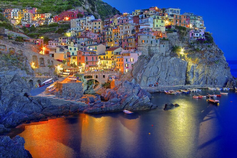 Village on a Cliff — Blue, Dramatic, Night