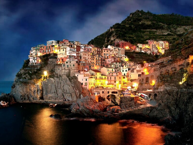Village on a Cliff — Blue, Dramatic