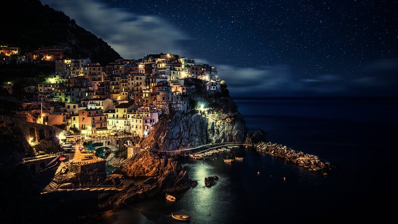 Village on a Cliff — Blue, Serene, Night