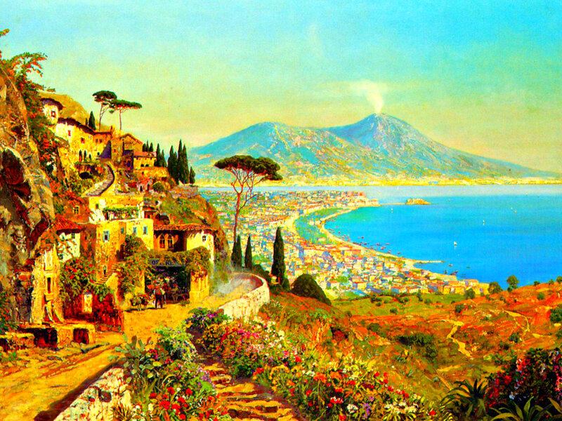 Village on a Cliff — Blue, Serene
