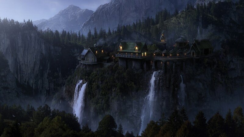 Village on a Cliff — Green, Dramatic, Night