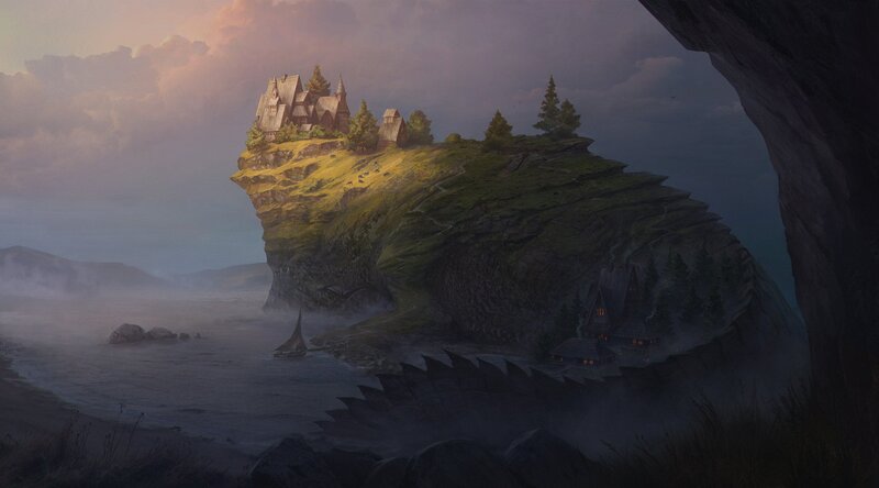 Village on a Cliff — Green, Dramatic, Sunset