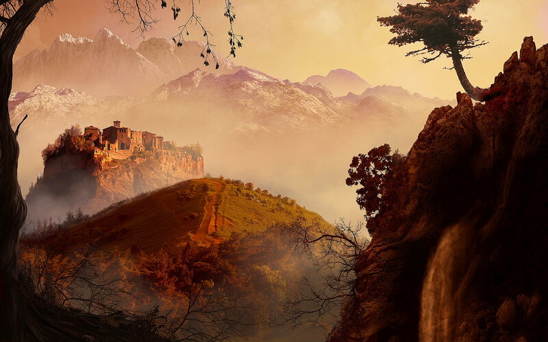 Village on a Cliff — Orange