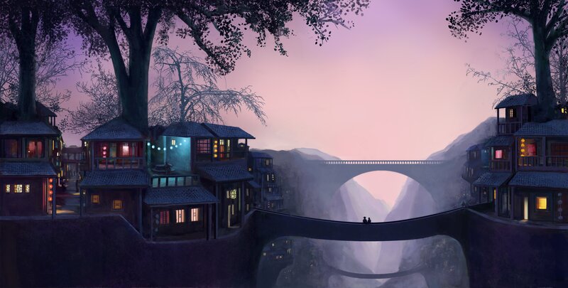 Village on a Cliff — Purple, Serene, Sunset
