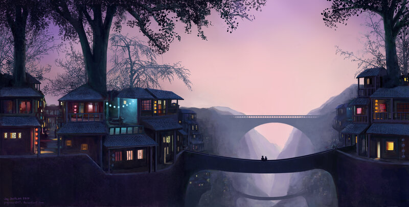 Village on a Cliff — Purple, Serene