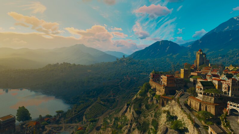 Village on a Cliffside — Blue, Serene