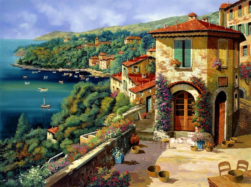 Village on a Coastal Hill — Blue
