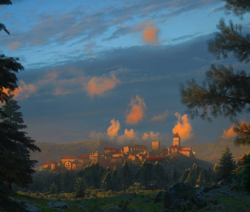 Village on a Hill — Blue, Dramatic, Sunset