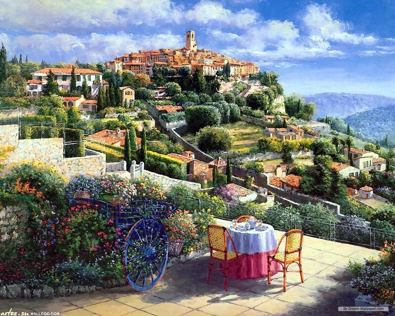 Village on a Hill — Blue, Serene, Afternoon