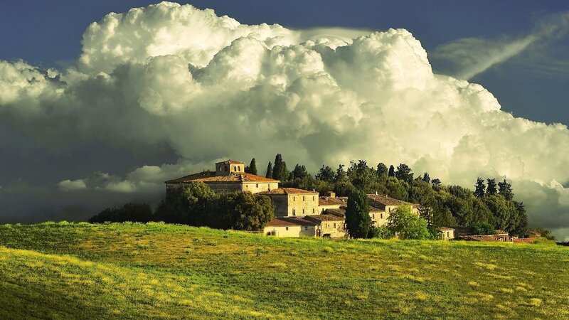 Village on a Hill — Green, Dramatic, Afternoon, Photograph, Clouds