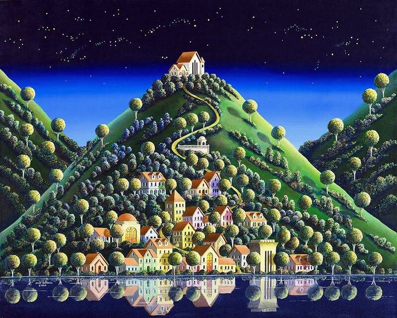 Village on a Hill — Green, Serene, Night