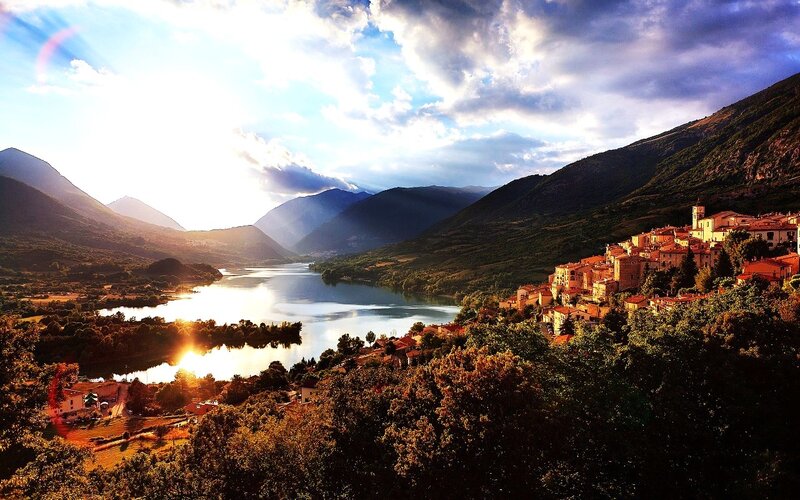 Village on a Hillside — Blue, Dramatic, Sunset