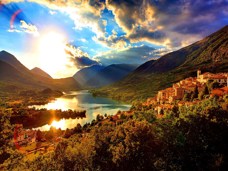 Village on a Hillside — Blue, Dramatic