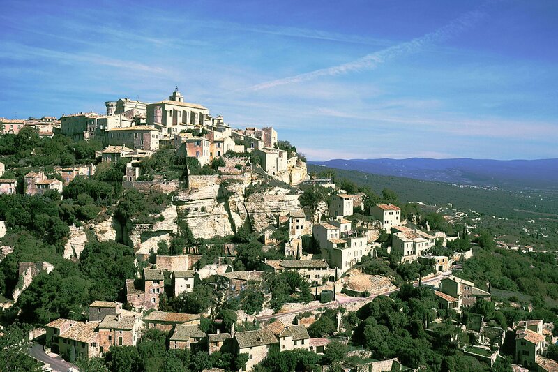 Village on a Hillside — Blue, Serene, Afternoon, Photograph, Buildings, Trees, Mountains