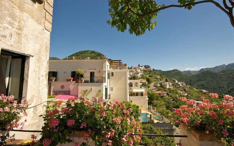 Village on a Hillside — Blue, Serene, Afternoon, Photograph, Flowers