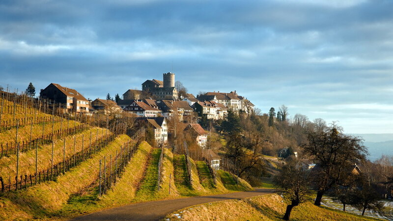 Village on a Hillside — Blue, Serene, Afternoon, Photograph, Vineyards
