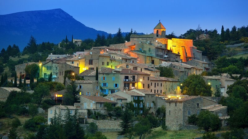 Village on a Hillside — Blue, Serene, Night
