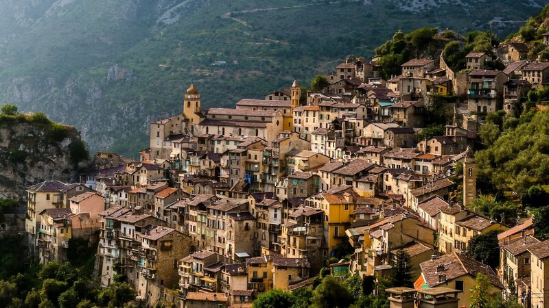 Village on a Hillside — Brown, Serene, Afternoon, Photograph, Mountains