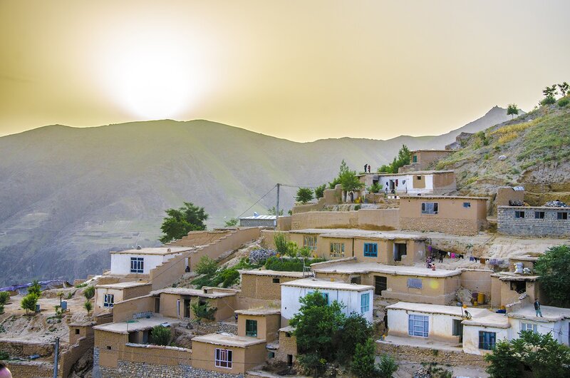 Village on a Hillside — Brown, Serene, Sunset