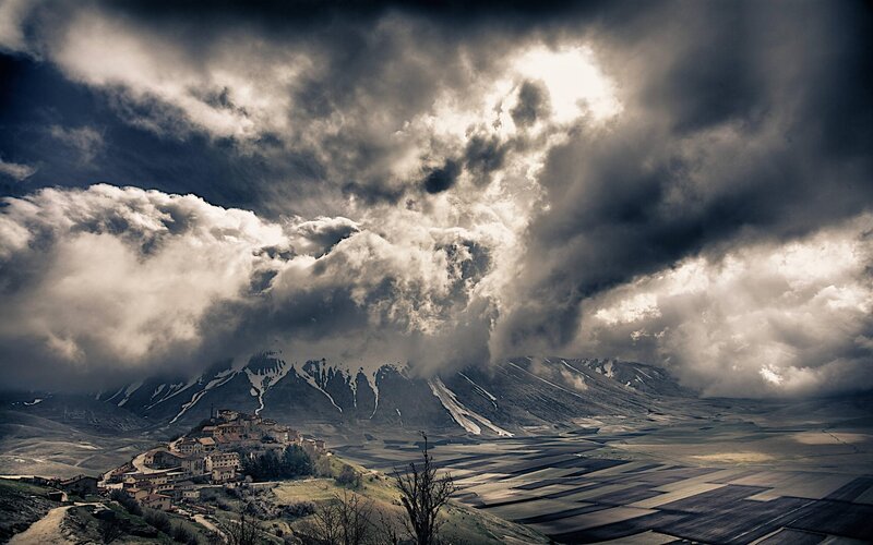 Village on a Hillside — Gray, Dramatic