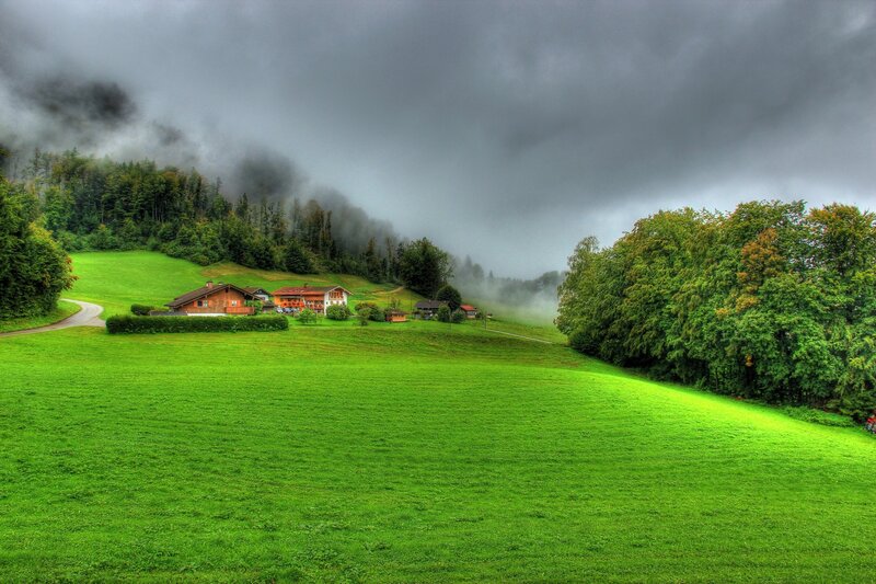 Village on a Hillside — Green, Dramatic, Morning