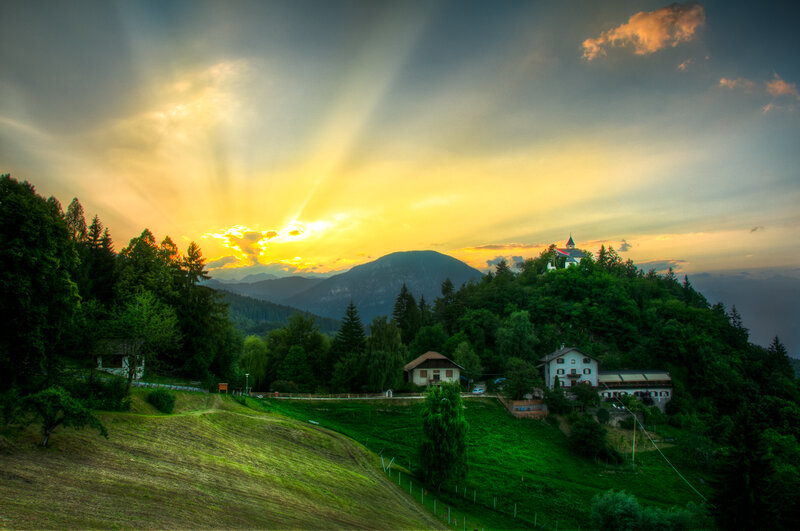 Village on a Hillside — Green, Dramatic, Sunset